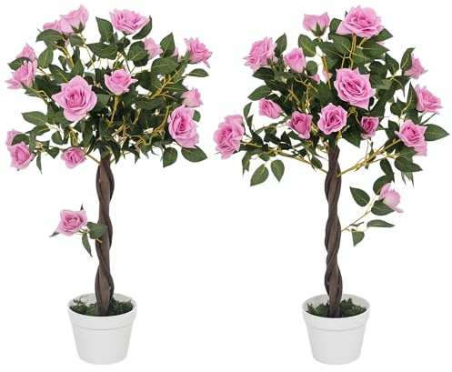 Outsunny 90cm Artificial Rose Tree with Twisted Trunk Set of 2 Purple | Decorative Fake Plant, 350 Silk Leaves, 21 Flowers, UV-Resistant Faux Tree, Outdoor Indoor Garden Porch Decor