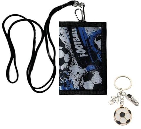 Nhemeylp Kids Wallets for Boys, Cartoon Football Wallet with Lanyard, Waterproof, Scratch Resistant, Black, Sport, Unisex, 4 Compartments, 12*8*1cm