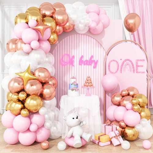 Pink White Balloon Arch Kit, Pink Gold Garland with Rose Gold Star Balloons