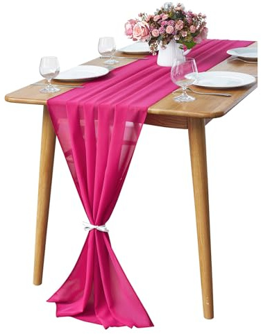 Eestfy Chemin De Table De Mariage en Mousseline De Soie – Chemin De Table en Mousseline De Soie – Tissu Polyester Doux, Léger Et Respirant pour Les Mariages,Fuchsia,73×305cm