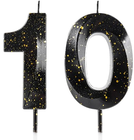 Candele Numero 10 Candele per il 10° Compleanno 3D Oro Nero Candela di Compleanno Premium in Cera con Design Diamante 3D Topper per Torta Decorazioni per Festa di Compleanno, Matrimonio, Anniversario