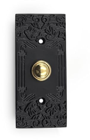 A29 Black Powder Coated Cast Iron Doorbell Button – 4 x 1 6/7 – Classic Antique Design Push Button Doorbell with Recess Mount – Wired for Two-Wire Chimes, Weather Resistant, Easy DIY Installation