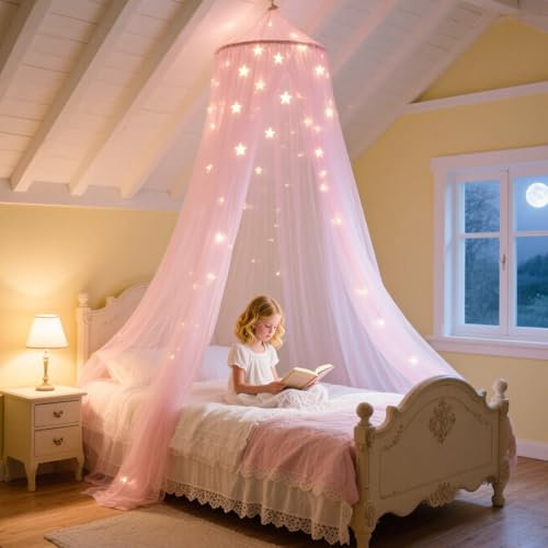 Henrrida Bed Canopy for Girls,With Glowing Stars,Pink Bed Canopy Princess Bed Girls Bedroom Accessories