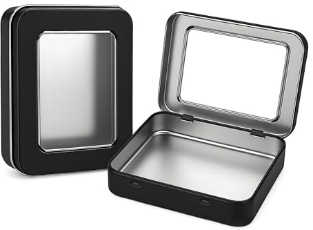 Forever bene 2-teilig Schwarz Metalldosen, 11,5 cm × 8,5 cm × 2,2 cm | Sichtfenster zeigen trockene Inhalte vor dem Öffnen; für Basteltisch, Nähschublade, Büro und Werkstatt Für Schrauben, und im