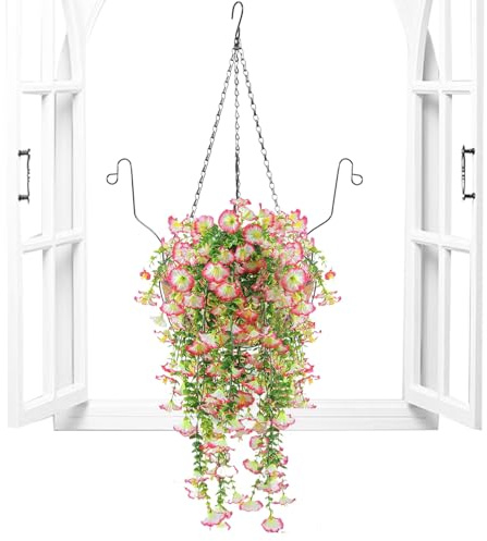 Bohany Hanging Baskets with Artificial Flowers, Artificial Flowers for Outdoor Use with Hanging Basket - Artificial Plant Decoration for Hanging Balcony Garden Hotel Wedding Living Room Entrance Area