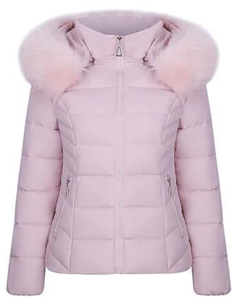 duxyoz Pink Winter Coats For Women Uk Hooded Warm Quilted Lightweight Puffer Jacket Thicken Cotton Jacket With Faux Fur Hood Casual Fitted Overcome Outdoor Parka Coat Ladies Padded Down Jackets