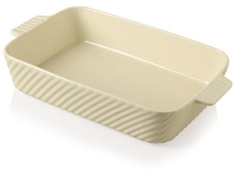 Sweejar Home Ceramic 9x13 In Baking Pan, Cake Baking Dish for Brownie, Porcelain Striped Casserole Dishes for Oven with Handle for Lasagna, Family Dinner(Beige)