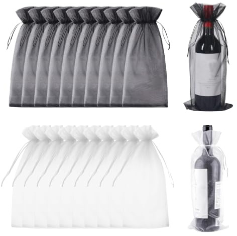 YUVKIN 20 Stück Organza Weintasche Geschenkbeutel mit Kordelzug für Wein Champagner Hochzeit Weihnachten Party (750ML) (14x37CM) (Schwarz+Weiß)