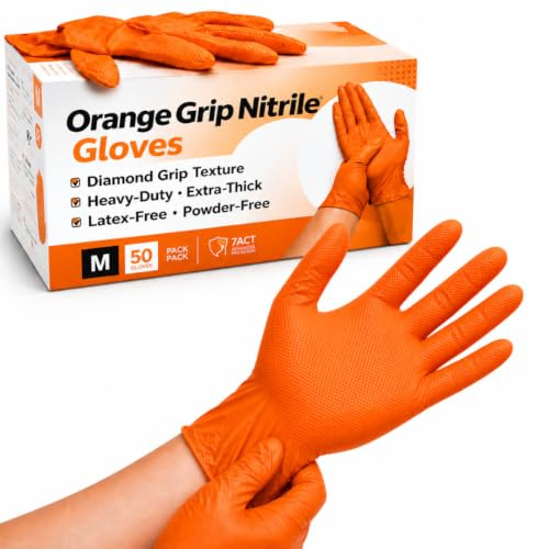 Ruiyang Nitrile Work Gloves Medium (50 Pack), Heavy-Duty Extra-Thick, Diamond Grip, Grip Non-Slip, Latex-Free, Powder-Free – Mechanics & Automotive Use (Orange, Medium Orange - 50 Gloves)