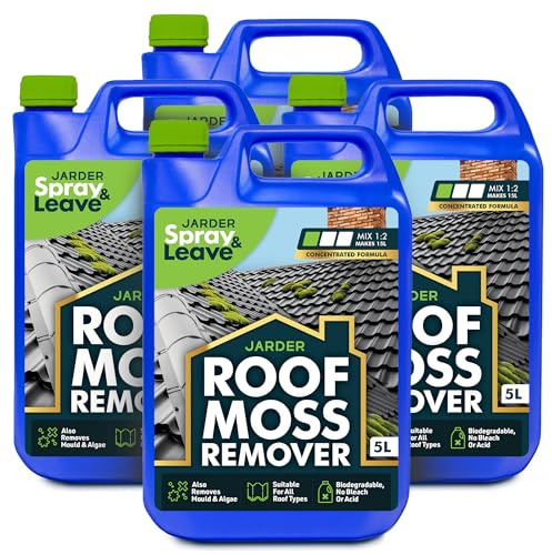 Jarder Moss Remover for Roofs 4 x 5L - Super Mix Strength Formula - Safe for Use on all Roof Types - Removes Algae and Mould - Covers 480m2