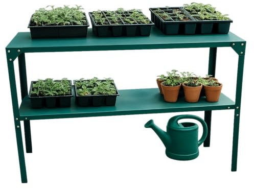 Greenhouse Staging Shelving Unit 2 Tier Free Standing Galvanised Steel 115cm Plant Pot Shelf For Greenhouses UK (1 Green Staging Bench)