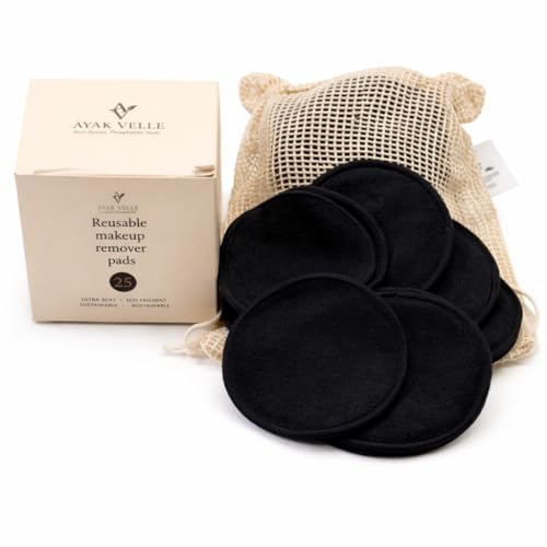 Reusable Bamboo Cotton Makeup Remover Pads, 25 Count, with Mesh Storage Bag, Washable (Black)
