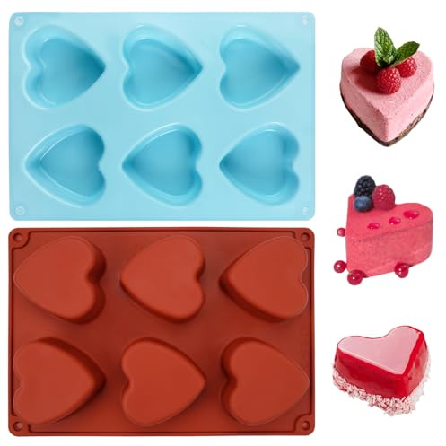 TESSTSY 2 Stück Silikon Herzform, Silikonform Herzen, Antihaftbeschichtet | Herzform Silikonform in Herzform, 6 Mulden Silikon Backform Herz für Pudding, Silikon Schokolade, Gelee, Herzkuchen