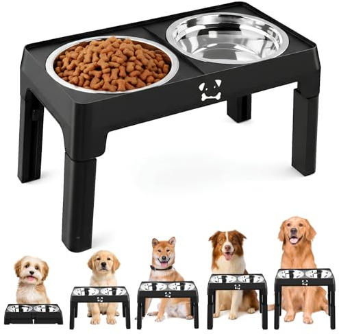 Ecofocet Gamelle Chien Surélevée, 5 Hauteurs Réglables, Porte Gamelle avec 2 Bols en Acier Inoxydable de 1,5L, Pliable, Antidérapant, Posture Saine, pour Petits, Moyens et Grands Chiens (Noir)