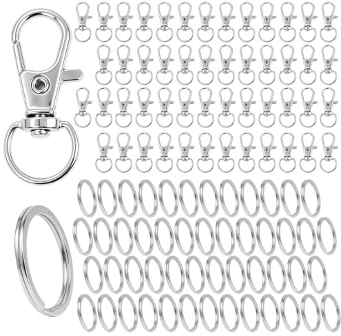 AiQInu 100 Pièces Mousqueton Porte Clés Métal, 50 Mousquetons + 50 Anneaux, Pivotant 360°, pour Bricolage, Sac à Main, Accessoires du Quotidien, Usage Adulte (14+ ans)