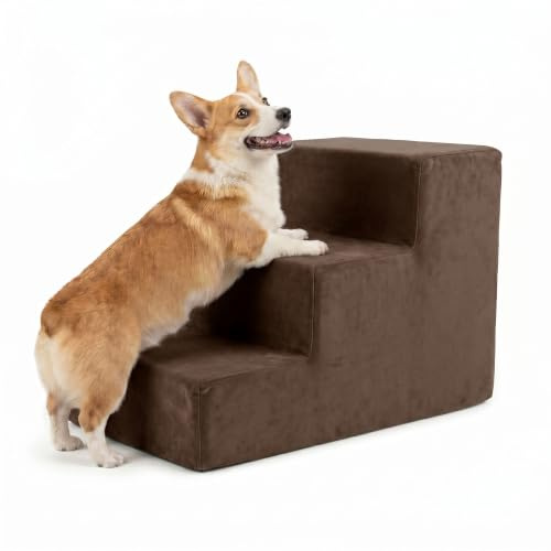 murando Hundetreppe für Kleine Hunde 3 Stufen 30 cm, Samt - Braun | Haustiertreppe für Bett, Sofa, Belastbar bis 17 kg, Treppe für Hunde und Katzen - Hochdichter Schaumstoff, Rutschfest