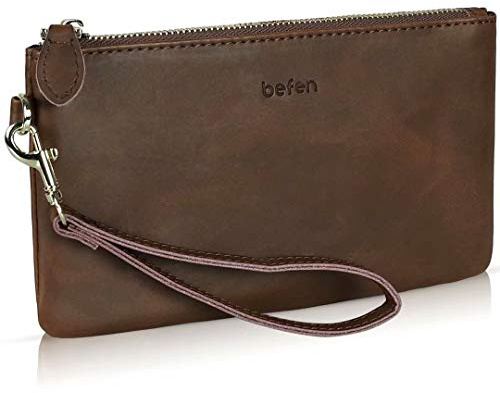 befen Wristlet Clutch Wallet Purse for Women, Genuine Leather Wristlet Purses and Handbags Card Holder Cash Organizer Ladies Soft Clutch Bags with Wrist Strap