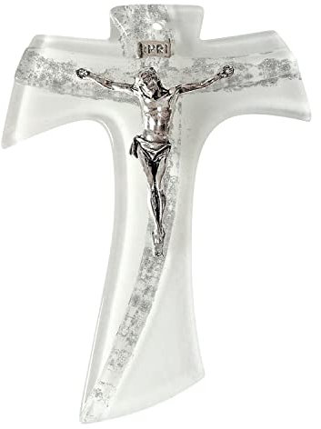 Motivationsgeschenke Tau Glaskreuz Weiß 15,5cm | mit INRI Metall Korpus versilbert | modernes Kreuz | Christliches Wandkreuz | Kruzifix mit Lochbohrung zum aufhängen | (weiß-klar 15,5x12cm)