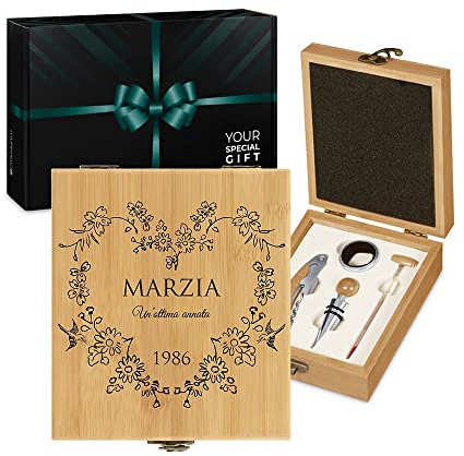 Maverton Set di Accessori da Vino, Kit Cavatappi da Vino Degustazione | Perfetta Personalizzato, Scatola in Legno di bambù + 4 Pezzi di Accessori Vino, Regalo Donna, Cuore