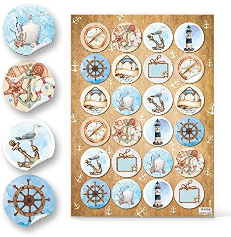 Adesivi marini, 24 pezzi: stickers con conchiglie, ancora, gabbiano, faro, decorazioni tema mare, estate, spiaggia, decorazione per biglietti, regali, party, piccoli etichette, Ø 4 cm