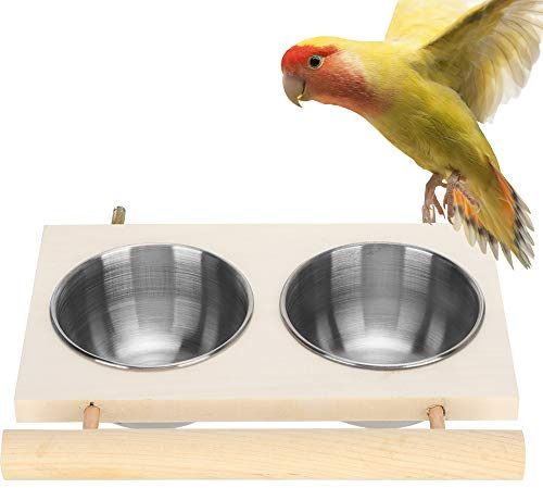 SH-RuiDu Papageien-Futterschüssel mit Holzablage, Edelstahl-Vogel-Futterschale für Haustiere (Doppelnapf)
