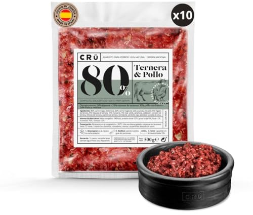 CRU - Dieta Barf para Perros Ternera y Pollo - Comida Natural Perros Cruda y Congelada - Comida para Perros Pequeños y Grandes - para 1 Mes Aprox - 10 Paquetes de 500g (10 Paquetes, Ternera & Pollo)