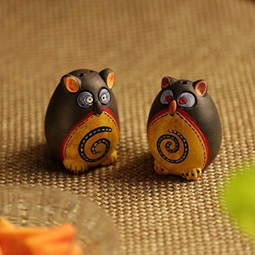 Aport Presents Small 'Twin Owl Shaped' Dining Table Terracotta Salt And Pepper Shakers, 2 Pieces, Black And Yellow #Aport-136
