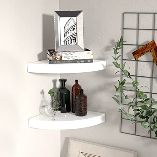 Festnight Wand Eckregal 2 STK. Schweberegal Eckregal Hängend Eckregal Wand Hängend Eckregal Klein Eckregale Regal Ecke Badezimmer Eckregal Duschregal Eckregal Hochglanz-Weiß 25x25x3,8 cm MDF
