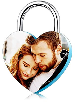 MunkiMix Cadenas de Cœur, Personnalisé Gravé avec Photo, Nom, Date, pour Petit Ami, Amie, Pont d'amour, Cadenas en Alliage avec Clé, Cadeau de Relation pour la Saint-Valentin