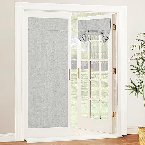 PONY DANCE Silver Grey Linen Door Curtain, Portable French Door Curtains Tie Back No Drilling Full Blackout Patio Door Window Shades for Privacy, W26 x L69 inch, 1 PC