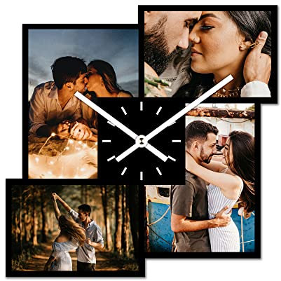 PhotoFancy® - Fotouhr aus Kunststoff - Uhr mit Foto Bedrucken - Wanduhr mit eigenen Fotos gestalten - 26 cm - Zeiger Weiß - Layout Collage