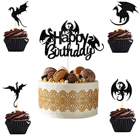 25 Stück Schwarzer Drache Alles Gute zum Geburtstag Glitter Cake Topper,Babydusche Cupcake Toppers,Schwarzer Drache Party dekoration,Geburtstagsparty Dekorationen Cocktails Obst Sticks,Cupcake Toppers
