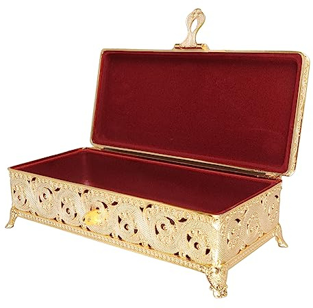 Vintage-Schmuckkästchen aus Metall, Großes Fassungsvermögen, Rechteckige Schmuckschatulle für Halsketten und Ohrringe (Gold)