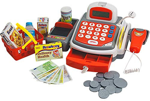 Spielkasse für Supermarkt - Kaufladenkasse Kaufmannsladen Scannerkasse Kasse Spielgeld und Zubehör - Kreditkartenzahlung und Mikrofon (Weiss-rot)…