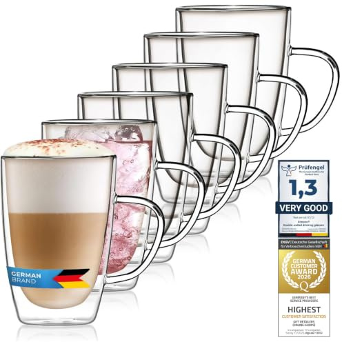 Dimono® Dubbelväggigt Glas med Handtag – 6 Latte Macchiato-glas | Borosilikatglas set – kaffeglas, cocktailglas & longdrinkglas – munblåsta, diskmaskinssäkra