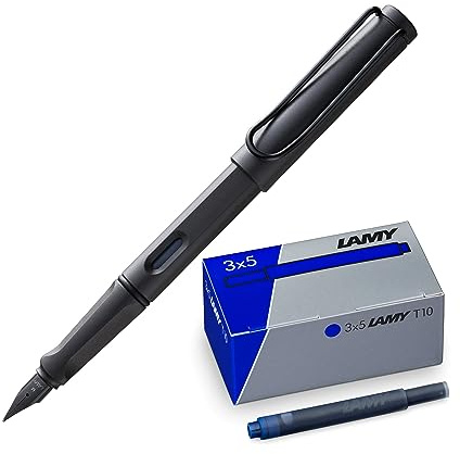 Lamy Juego de 1 pluma estilográfica Safari en pluma mediana y 1 juego de 3 cartuchos de tinta T10 en cartón original – Color de la tinta azul