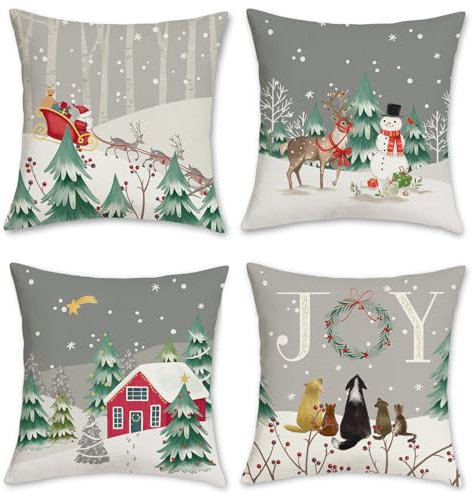 Bonhause Grey Christmas Cushion Covers 45 x 45 cm Winter Snowy Pine Tree Snowman Reindeer Decorative Throw Pillow Covers Polyester Linen Pillowcases for Sofa Bed Xmas Holiday Decor Set of 4