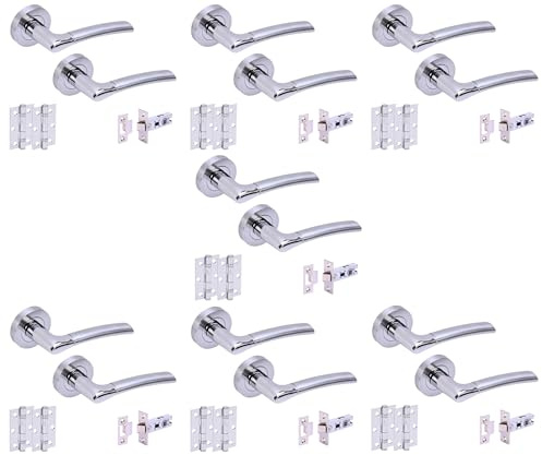 Hunta HANDLEZONE® 7 Sets Columba Premium Internal Door Handles on Rose Lever Latch Packs with 75mm Ball Bearing Hinges and 76mm Latches - Dual Polished/Satin Chrome