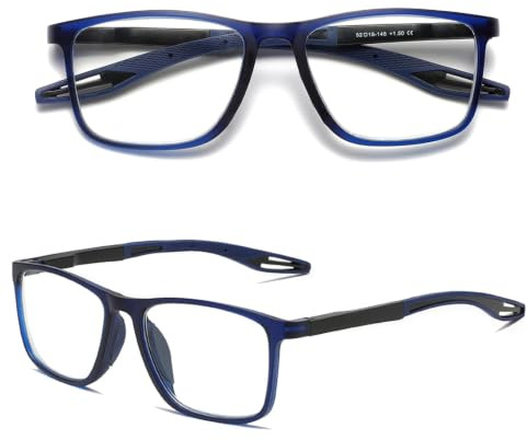 Hubeye TR90 Sport Lesebrille für Damen und Herren Gute Quadratische bequeme flexible Anti-blaue Computerbrille Hochwertig Komfortabel Lesehilfe (Blau, 0.00)