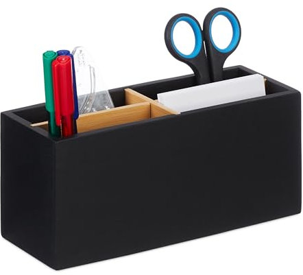 Relaxdays Schreibtisch Organizer, Bambus, 4 Fächer, für Bürobedarf & Kosmetika, Stiftehalter, HBT: 8x21x9 cm, schwarz