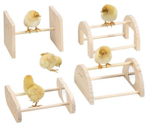 Navaris Perchoir Poule avec Miroir - Lot 4 Accessoires poulailler Barre de Perche Solide pour Oiseaux Poussins Poulets - Perchoir d'entraînement Cage à Poule en Bois de pin