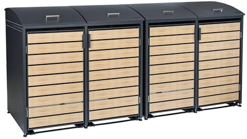 Zelsius Mülltonnenbox 4 Tonnen mit abgerundetem Deckel | 120-240 Liter | Anthrazit RAL7016 | Tür in Holzoptik mit Erweiterungsmöglichkeiten | Mülltonnenbox 4er Aufbewahrungsbox für Mülltonnen