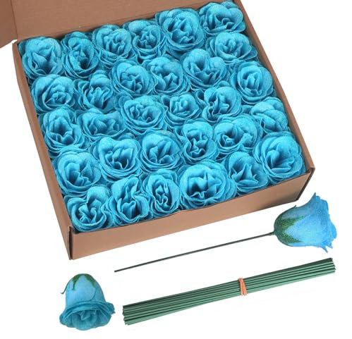 ICBOX Glitter Roses,30PCS Blue Roses Artificial Roses with Stems for Crafts Wedding Bouquet Party Home Decor(Blue)