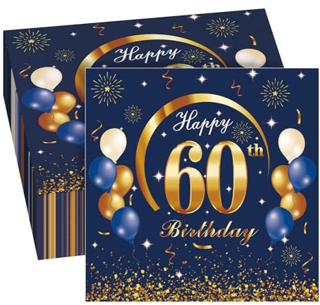 GROVBLE 40 Stück Servietten zum 60. Geburtstag - Happy Birthday Deko in Blau für Mann und Frau - 33x33cm