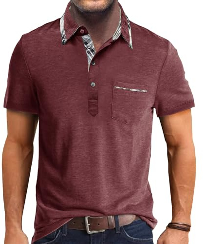 Comilaka kortärmad ledig pikétröja för män klassisk knappkontrasterande färger T-shirts med ficka snygga toppar, Röd, XL