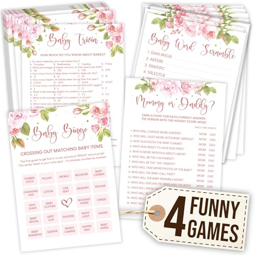 WOODAMORE Funny Baby Shower Games for Girl - Baby Shower Bingo Game Girl, Babies Showers Word Scramble, Floral Babies Showers Activities for 25 Guests, Trivia Mommy Or Daddy Game for Decor