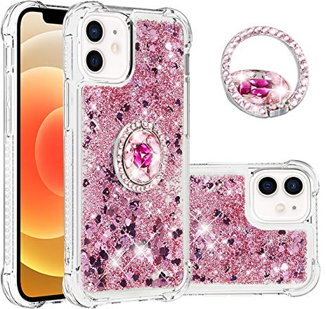SIYOPINPFY Custodia con supporto per iPhone 12 Mini, Brillantini Paillette Liquido Sabbie Custodia, Trasparente Silicone Bumper Antiurto Protezione Cover per iPhone 12 Mini YBR Oro rosa