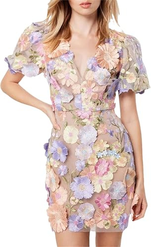 Dam 3D V-ringad puff ärm blommig broderi klänning, ren nät spets bodycon fest cocktailklänning kort, BLÅ, XL