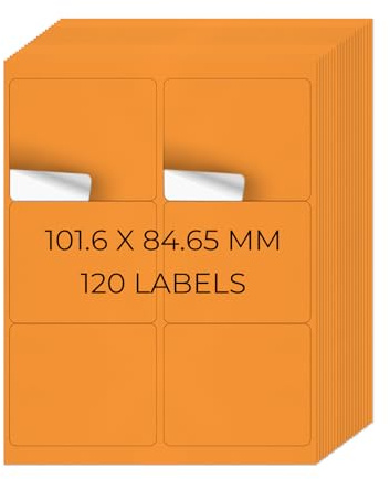 YIKIADA Neon Orange Universal Etiketten 101,6 × 84,67 MM Vinyl Selbstklebend Ablösbar Blanko Aufkleber Bedruckbar Namenaufkleber Büro Adressetiketten für Tintenstrahl- und Laserdruckern 120 Stück