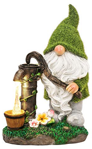 TERESA'S COLLECTIONS Garden Ornaments Outdoor, Lovely Green Gonk Pumping Water with Solar-Powered Lights, Waterproof Resin Gnomes Ornaments, Garden Decorations Gifts, Indoor Outdoor 22.5CM